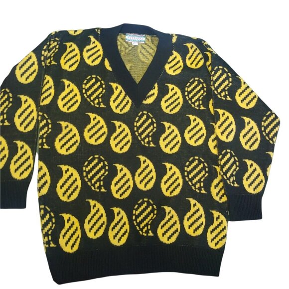 Vintage Stefano Sportswear Womens L V Neck Sweater Retro Paisley Black Yellow - Picture 1 of 7